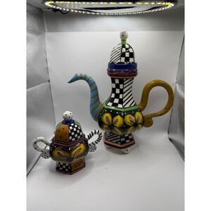 Prospero Studio Designworks Teapot/Sugar Hand Painted Whimsical Mad Hatter 1990s